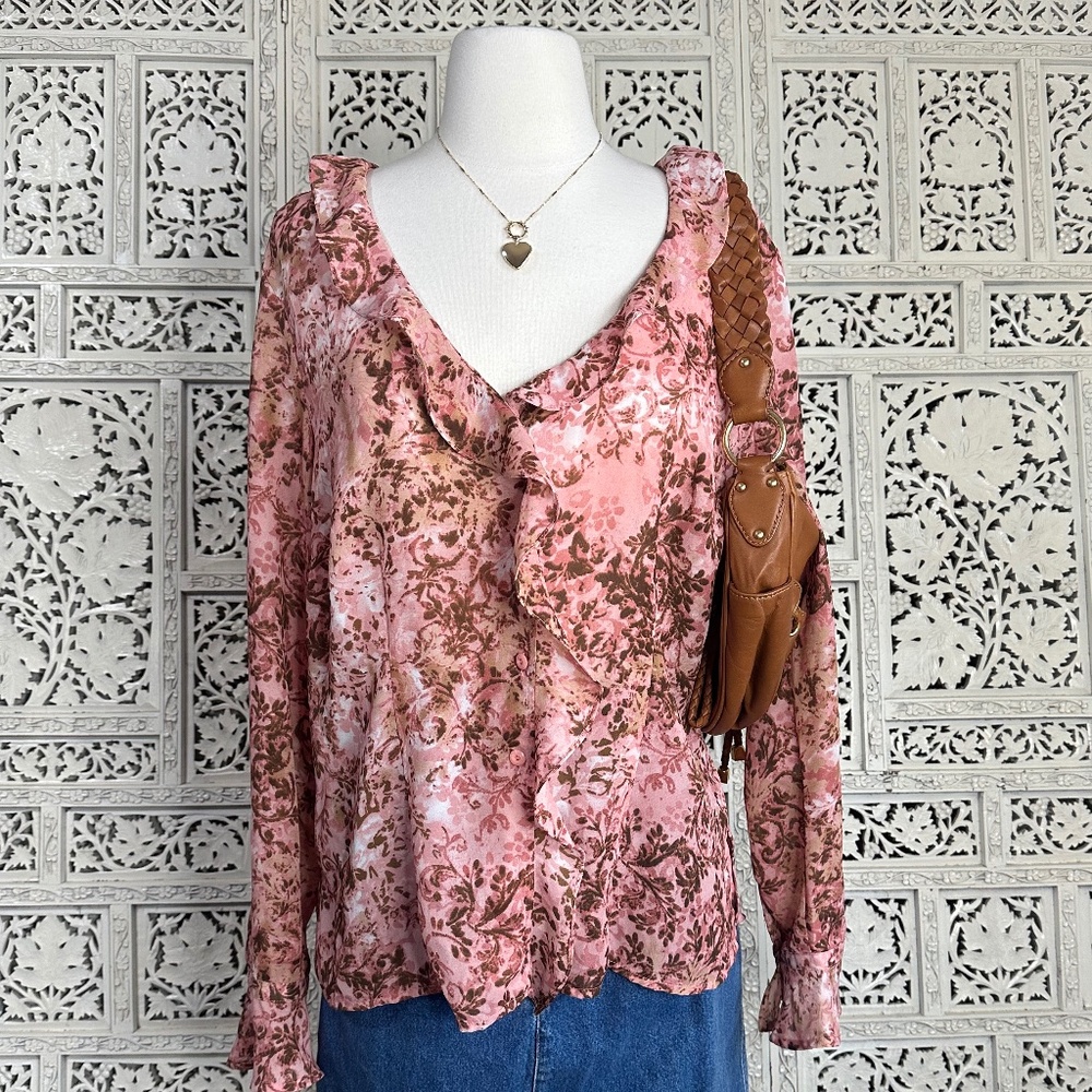 Y2K Boho Pink Floral Artsy Ruffle‎ Button Up Long Sleeve Blouse Sz Large